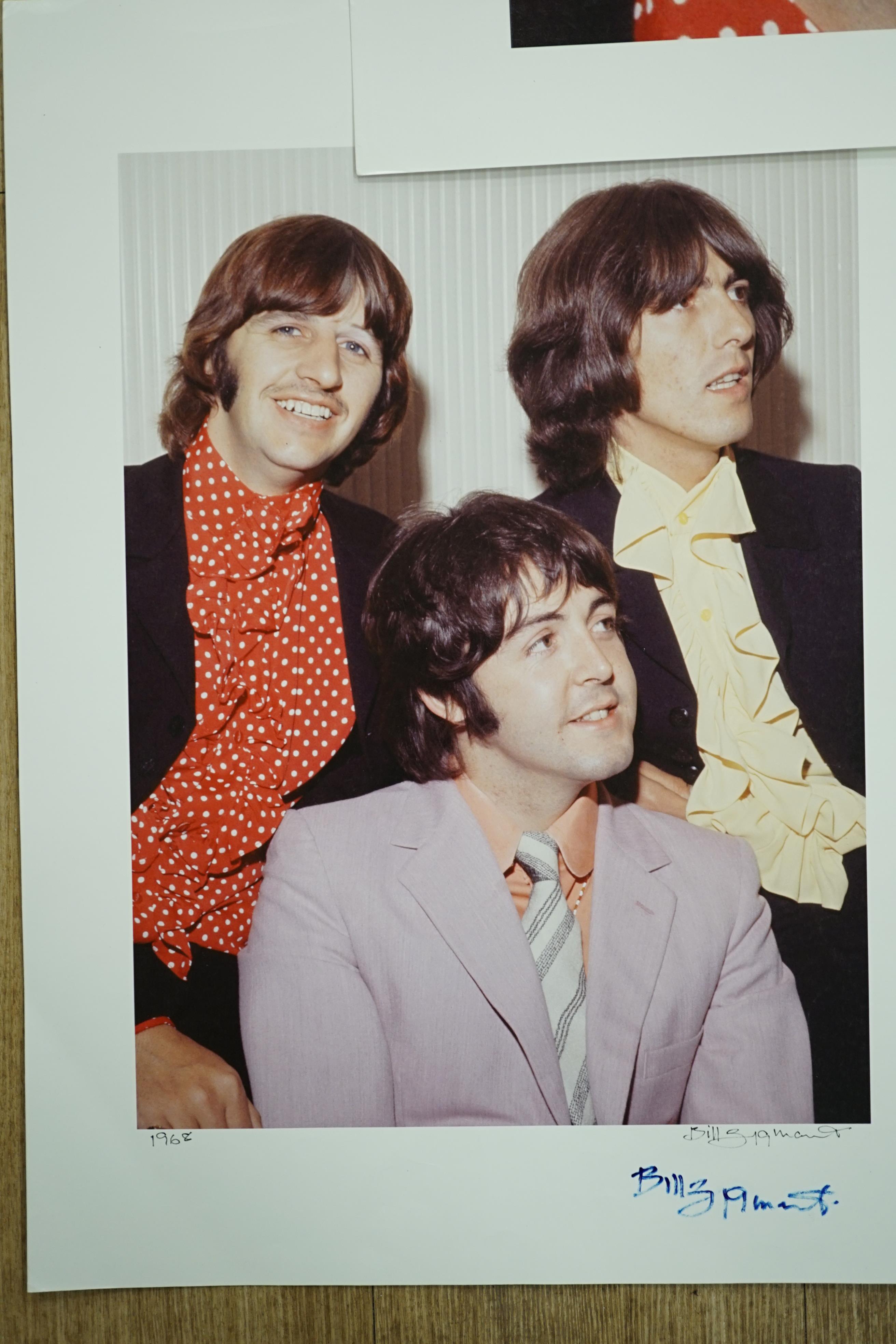 Three photographs of the Beatles by Bill Zygmant; Ringo Starr, George Harrison and a group comprising Paul, John and Ringo, all signed by Zygmant and two dated 1968, all 54 x 40cm